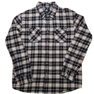 Stussy Vintage Mens Large Purple Black Plaid Flannel Button Down Long Sleeve 90s